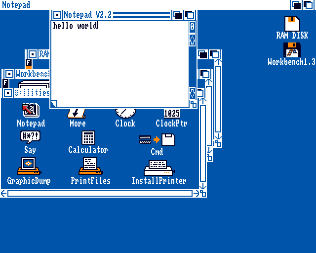 Notepad V2.2 open on the Workbench screen with the text hello world typed into the document