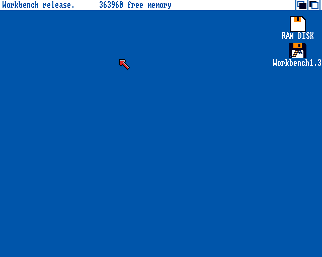 Workbench 1.3 desktop with the pointer moved from the home corner to the middle of the screen
