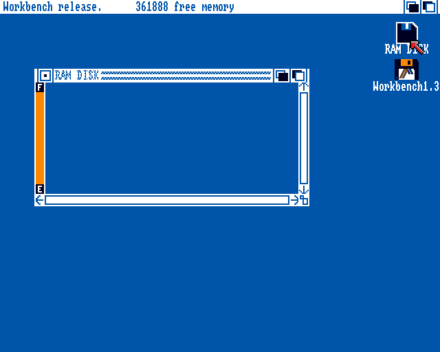 Workbench desktop with the RAM DISK window open, title bar reading 361888 free memory