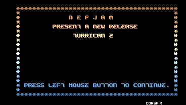 The Defjam cracktro for Turrican II: colourful logo and scrolltext reading PRESS LEFT MOUSE BUTTON