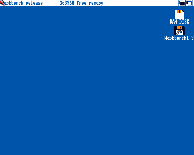 Workbench 1.3 desktop: title bar reading Workbench release, 363960 free memory, with the RAM DISK and Workbench1.3 disk icons on the blue desktop