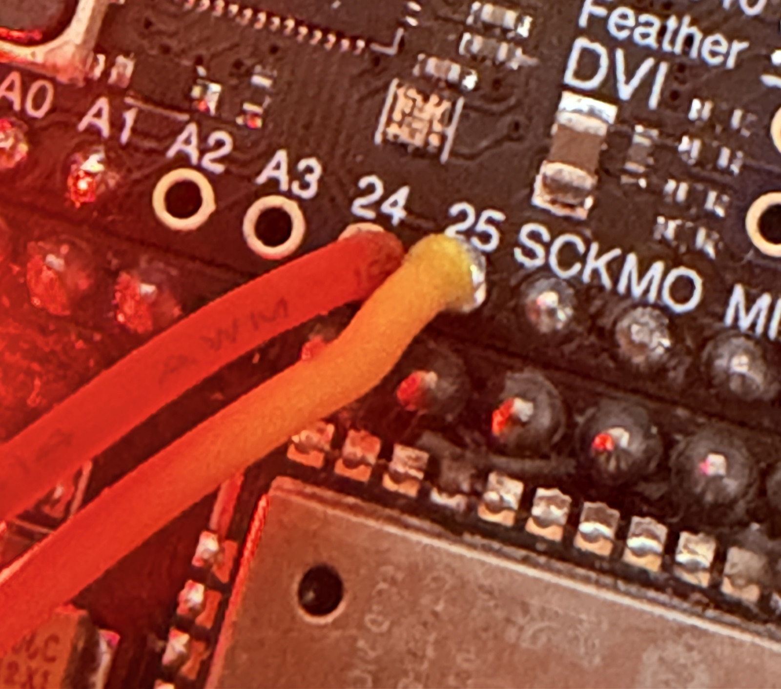 The other end: the same two wires terminated in the Nucleo's morpho prototyping holes