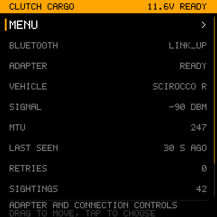 The panel with the adapter at 11.6 V and the car identified. Framebuffer capture from the P4.
