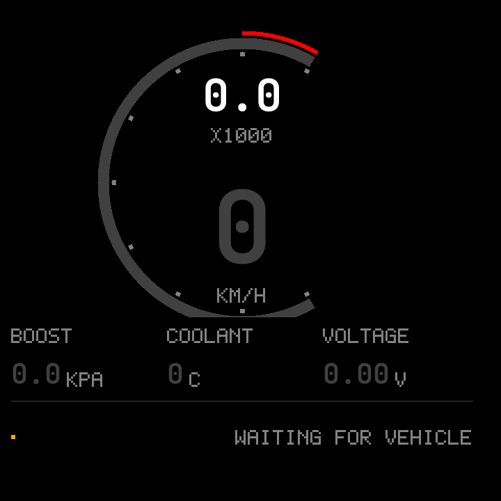 The panel's dashboard, captured from its own framebuffer over the link. Ignition off, so every reading is at rest.