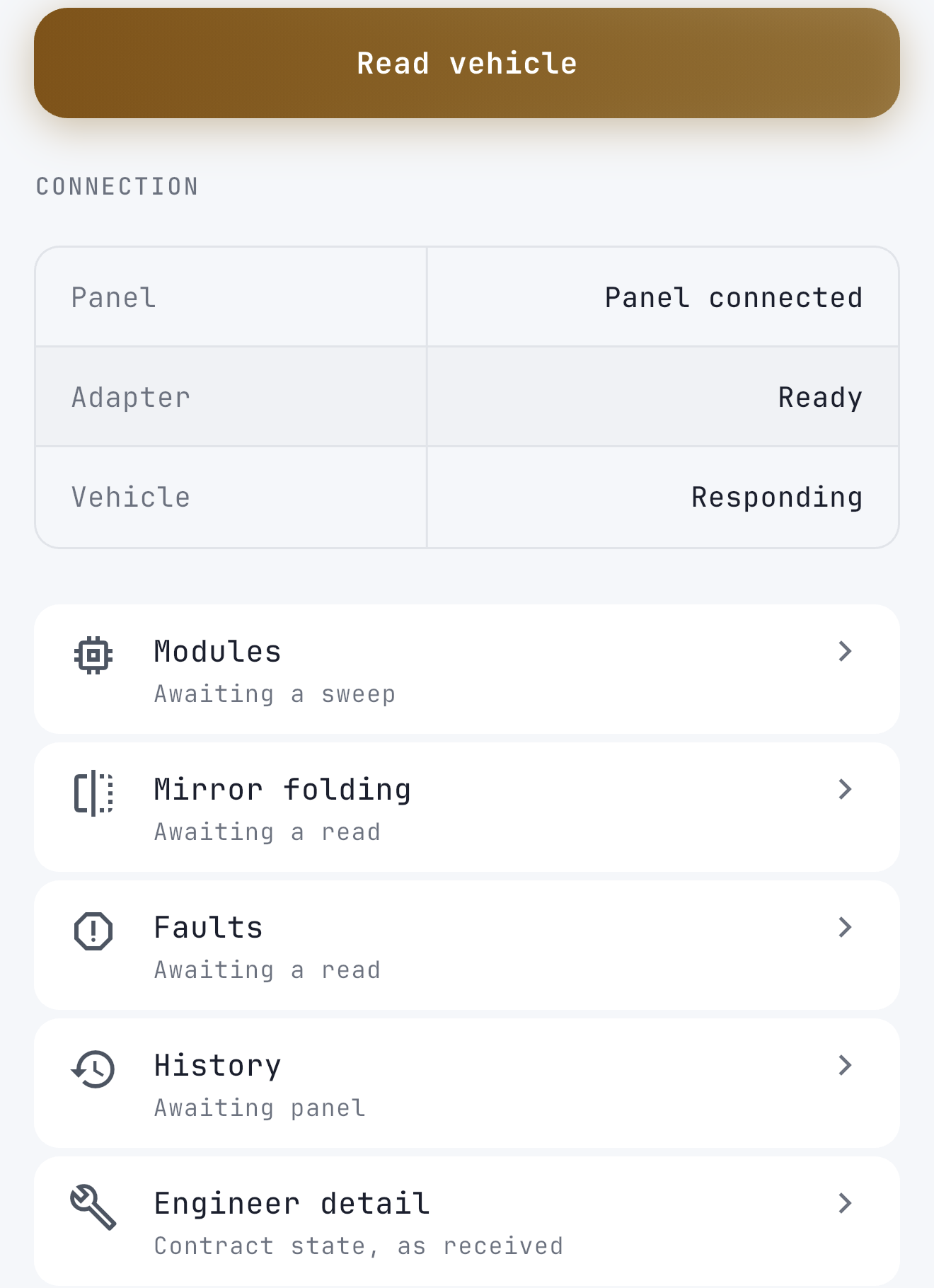 The phone's Home screen, cropped below the vehicle headline. Connection layers over five feature rows.