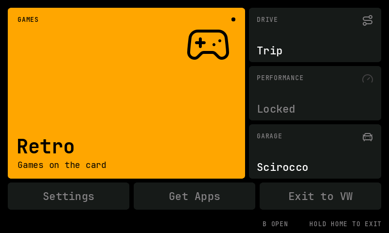 Bento layout: a large amber Retro tile on the left with a gamepad icon, three smaller tiles stacked on the right for Drive, Performance and Garage, and a row of three pills along the bottom for Settings, Get Apps and Exit to VW.