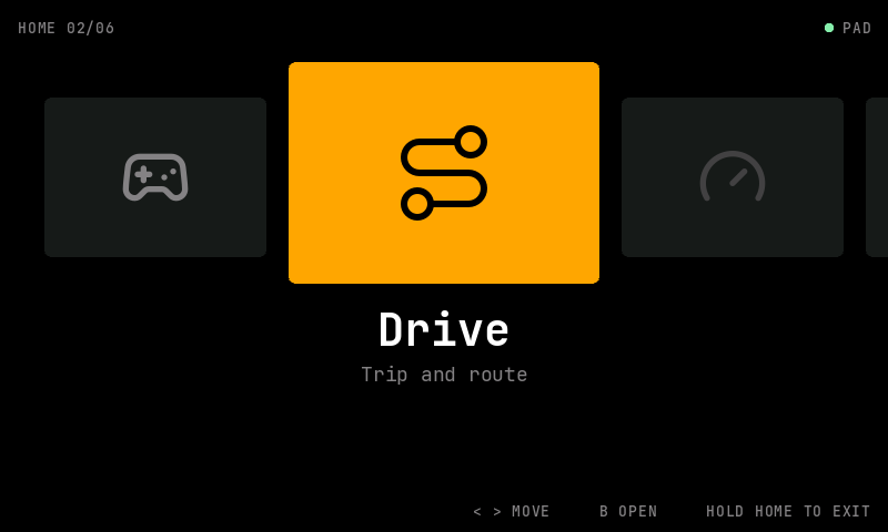 Carousel layout: the focused Drive tile large and amber in the centre with a route icon, its neighbours smaller and dark on either side with the next one peeking in from the right edge, Drive in large type underneath and Trip and route below it.
