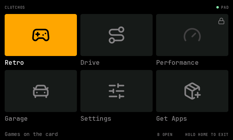 Grid layout: six tiles in two rows of three, Retro highlighted in amber with a black gamepad icon, the others dark grey with grey line icons, Performance carrying a small padlock. Status row reads CLUTCHOS and PAD with a green dot; the bottom row gives the focused app's line and the hints B OPEN and HOLD HOME TO EXIT.