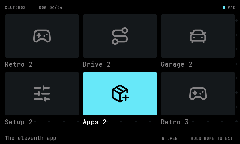 Grid layout scrolled to its fourth row of four, with twelve test apps, the ICE palette's cyan highlight on the eleventh, and the faint cross pattern switched on behind the tiles. The status row reads CLUTCHOS ROW 04/04.