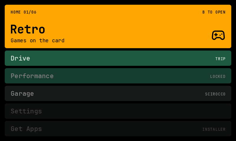 Launcher layout: a stack of full-width rows. The focused Retro card is tall and amber with HOME 01/06, B TO OPEN, the name, its line and a gamepad icon; each row below is a step darker, from deep green to near black, with its name on the left and a short value on the right.