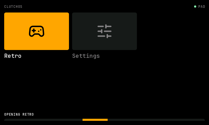The Home screen as the unit will list it, with Retro and Settings only, while Retro opens: OPENING RETRO above a dark track with an amber block sliding along it.