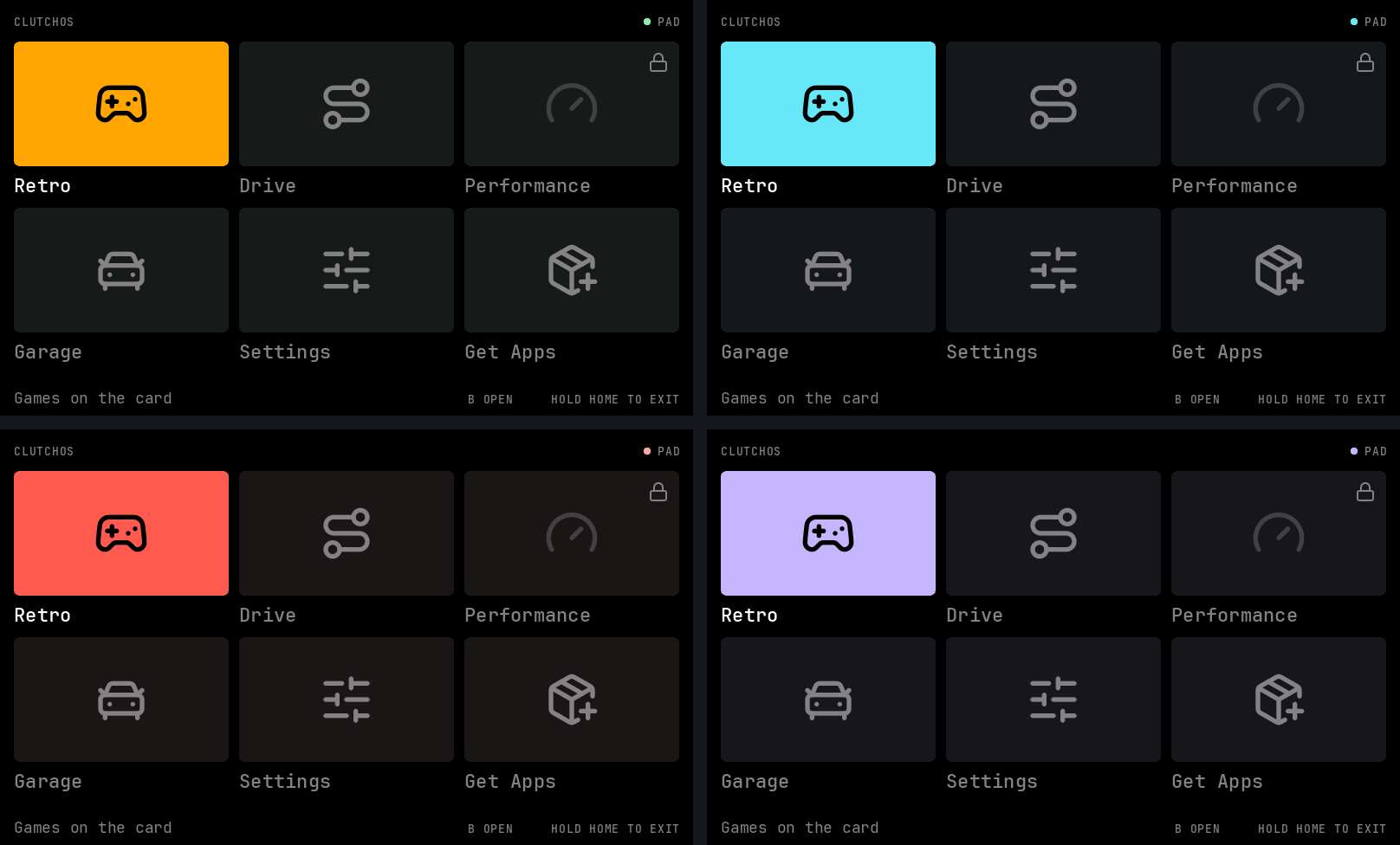 The grid layout four times over, once in each palette: amber, cyan, coral and lilac highlights on the Retro tile. The layout and the greys are identical across all four.