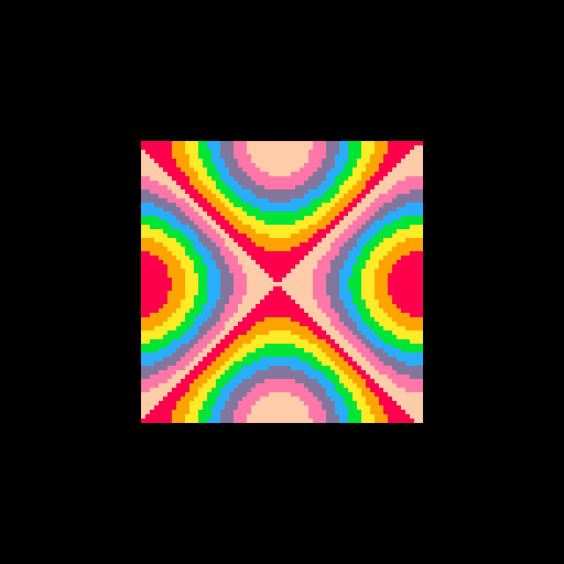 The interpreter-throughput probe cart: a 64x64 sin/cos plasma - host runner output, scaled 4x