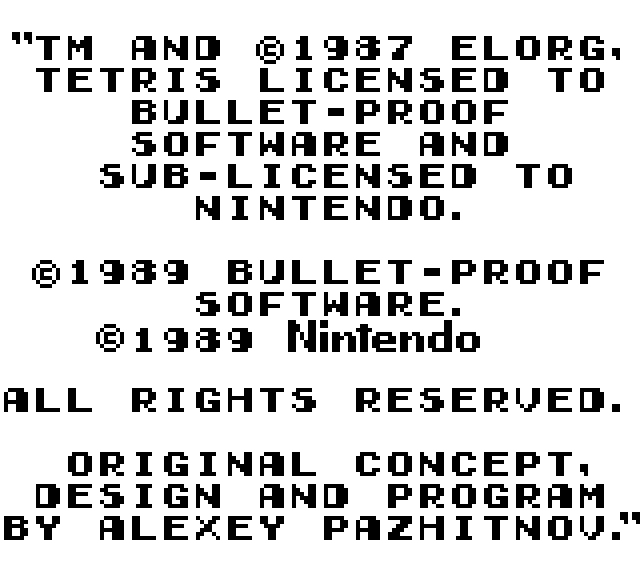 Tetris' 1989 copyright screen, rendered by the same core on the host at
4x. A re-render of the frame data, not a capture.