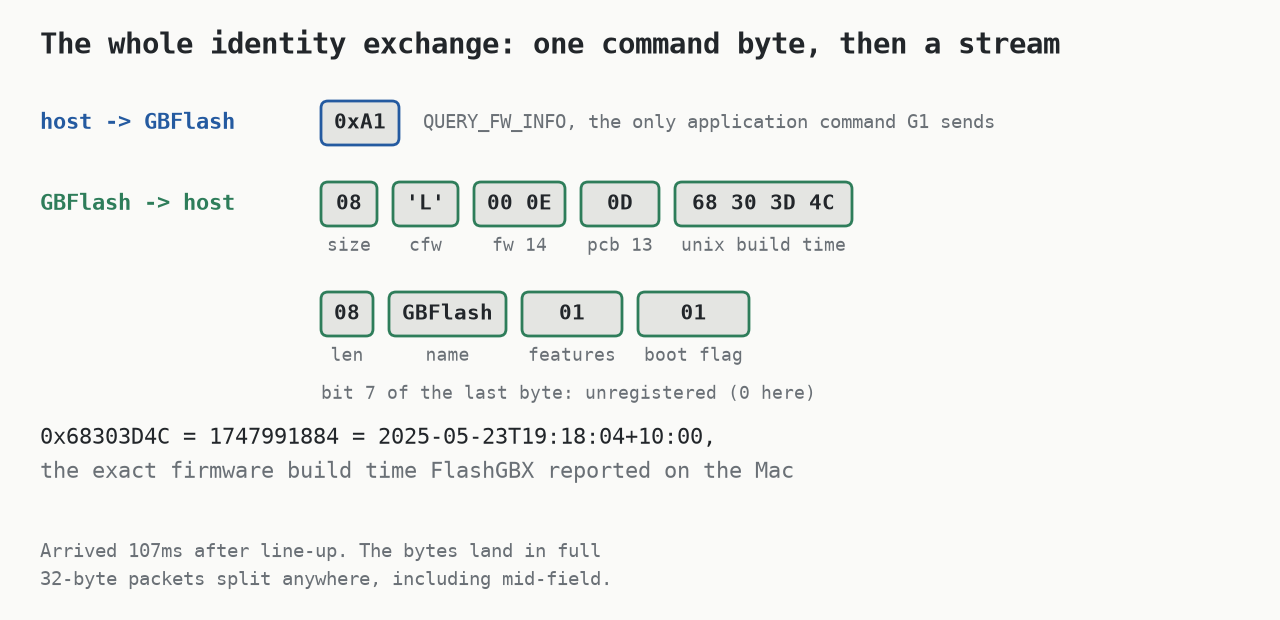 The identity exchange: one command byte out, a coalesced stream back