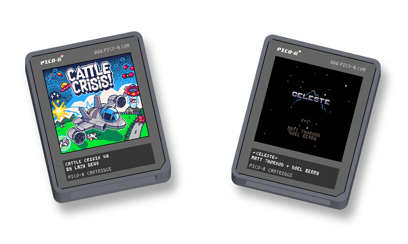 Two rendered cartridges with Cattle Crisis and Celeste labels seated in their pockets