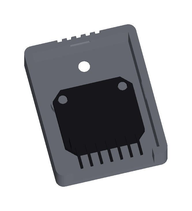 Render of the open back shell with the flash module on its pegs, pins ending inside the bottom mouth