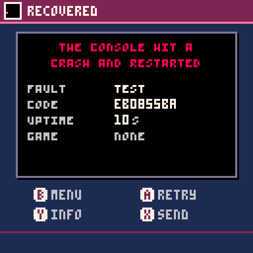 The recovery screen: fault type, crash code, uptime, and one button per action