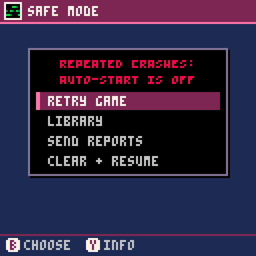 Safe mode: after repeated crashes, auto-start is off and the four recovery actions are a menu