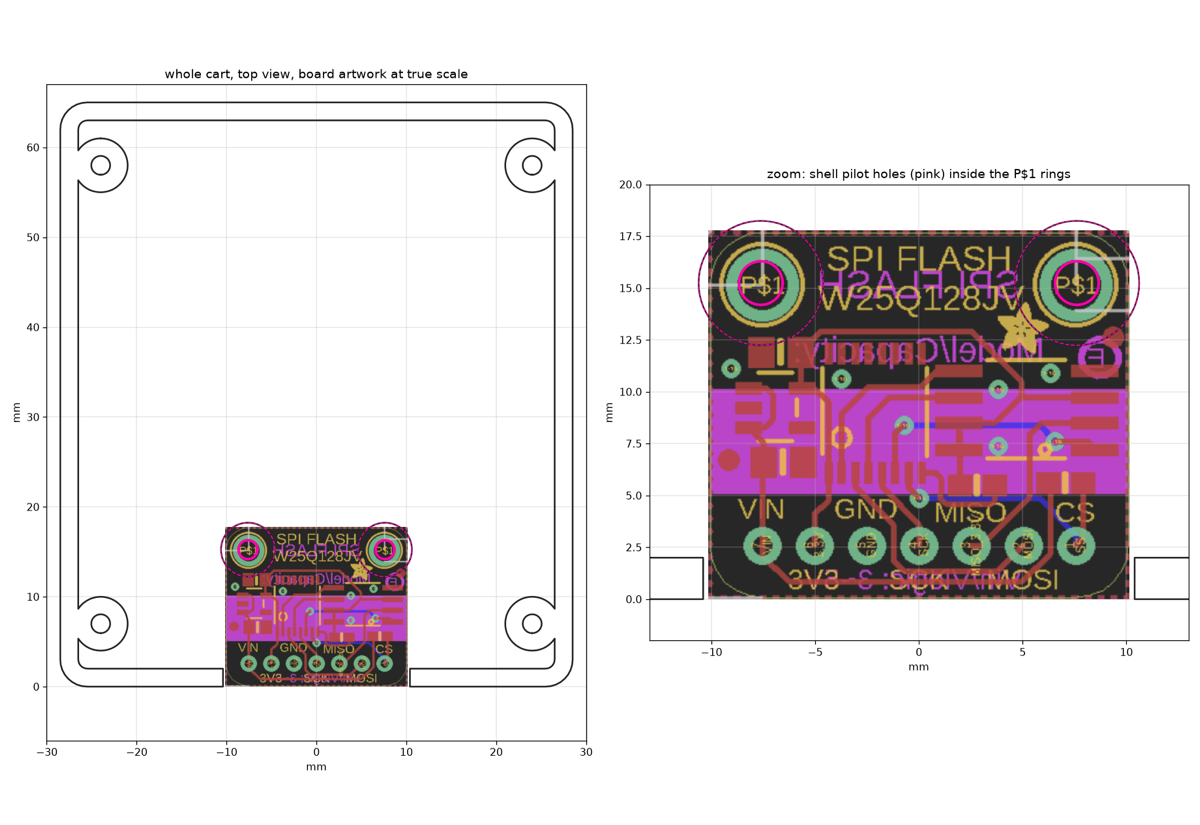 Fit-check plot: the W25Q128 module inside the cart shell outline, pilot holes ringed