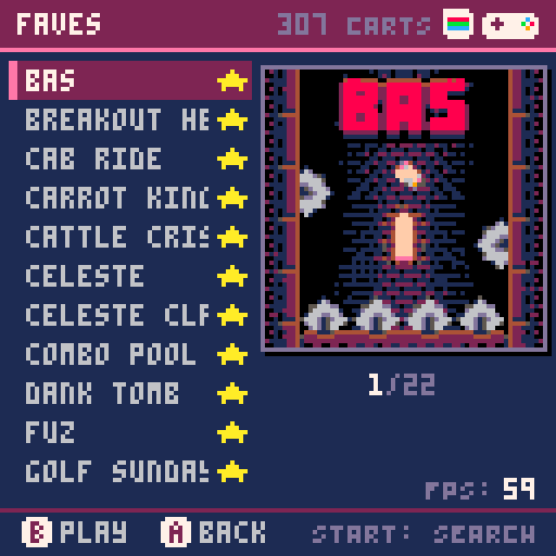 Capture: the FAVES list - 307 carts in the library, box art on the right, 59fps in the corner