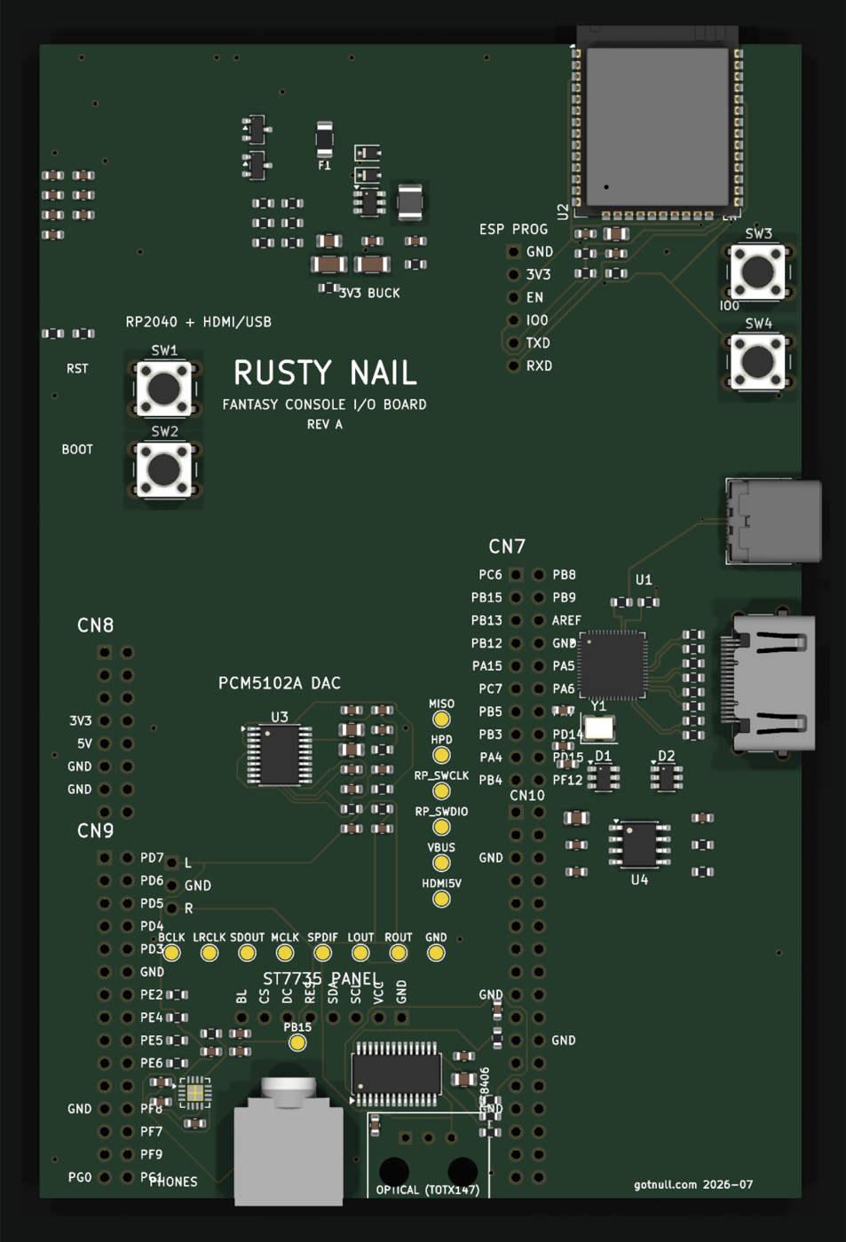 Render: the Rusty Nail Fantasy Console I/O Board rev A study - ESP32, RP2040, DAC, HDMI, USB-C, optical