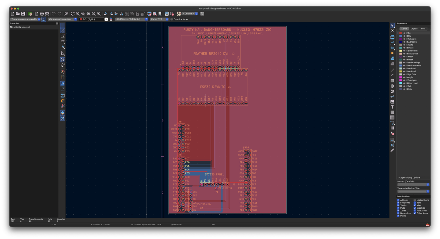 KiCad: the daughterboard layout - Feather DVI and ESP32 sockets over the CN8/CN9/CN10 dock