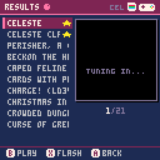 Capture: search results with PLAY / FLASH / BACK on the footer